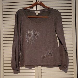 Loft Gray Long Sleeve Top with Embellishments